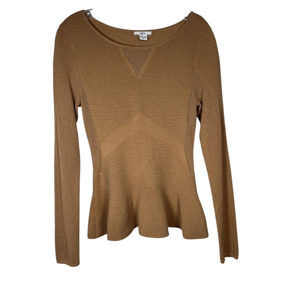 BAR III Sz M Sweater Top Peplum Caramel Brown Long Sleeve Ribbed & Mesh Knit